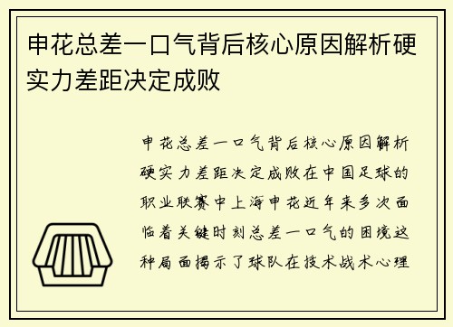 申花总差一口气背后核心原因解析硬实力差距决定成败